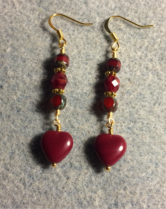 Blood red Czech glass heart bead earrings adorned with blood red Czech glass beads.