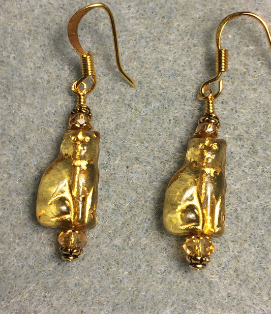 Small translucent amber (with gold inlay) Czech glass cat bead earrings adorned with amber Chinese crystal beads.