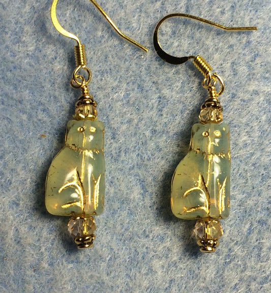 Small milky light amber (with gold inlay) Czech glass cat bead earrings adorned with light amber Chinese crystal beads.
