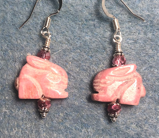 Pink rhodonite gemstone rabbit bead earrings adorned with pink Chinese crystal beads.