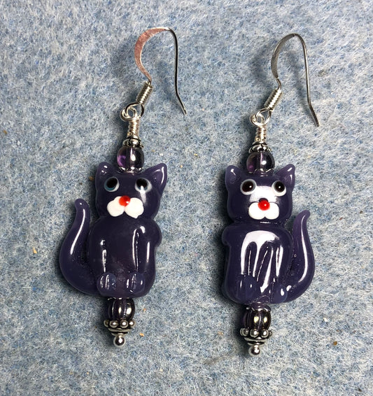 Opaque grape purple lamp work cat bead earrings adorned with purple Czech glass beads.