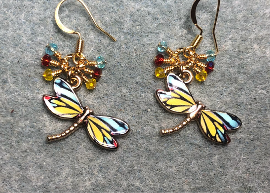 Yellow, turquoise, and red enamel dragonfly charm earrings adorned with tiny dangling yellow, turquoise, and red Chinese crystal beads.