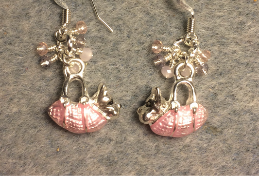 Silver and pink enamel dog in a purse charm earrings adorned with tiny dangling pink Chinese crystal beads.