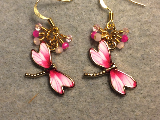 Pink enamel dragonfly charm earrings adorned with tiny dangling light pink and hot pink Chinese crystal beads.