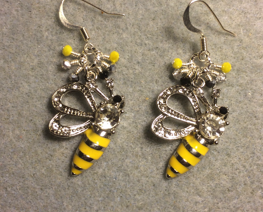 Silver and yellow enamel and rhinestone striped honeybee charm earrings adorned with tiny dangling silver, black, and yellow Chinese crystal beads.