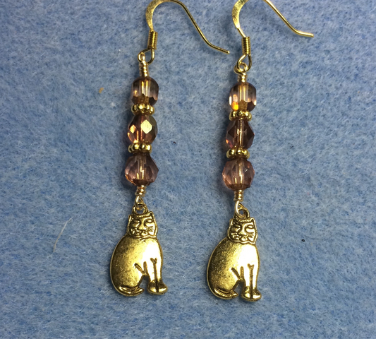 Gold cat charm earrings adorned with rose gold Czech glass beads
