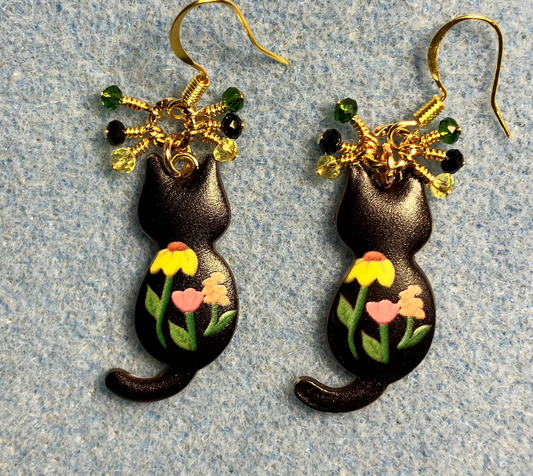 Black, green, and yellow enamel cat charm earrings adorned with tiny dangling black, green, and yellow Chinese crystal beads.