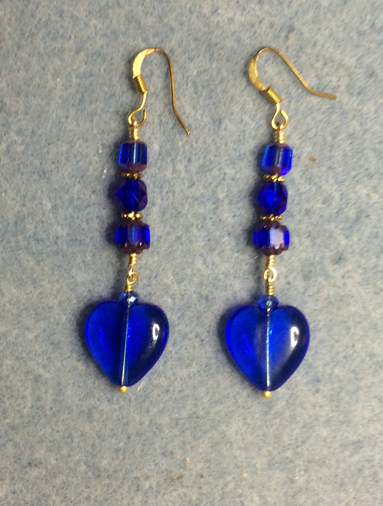 Cobalt blue Czech glass heart bead earrings adorned with cobalt blue Czech glass beads.