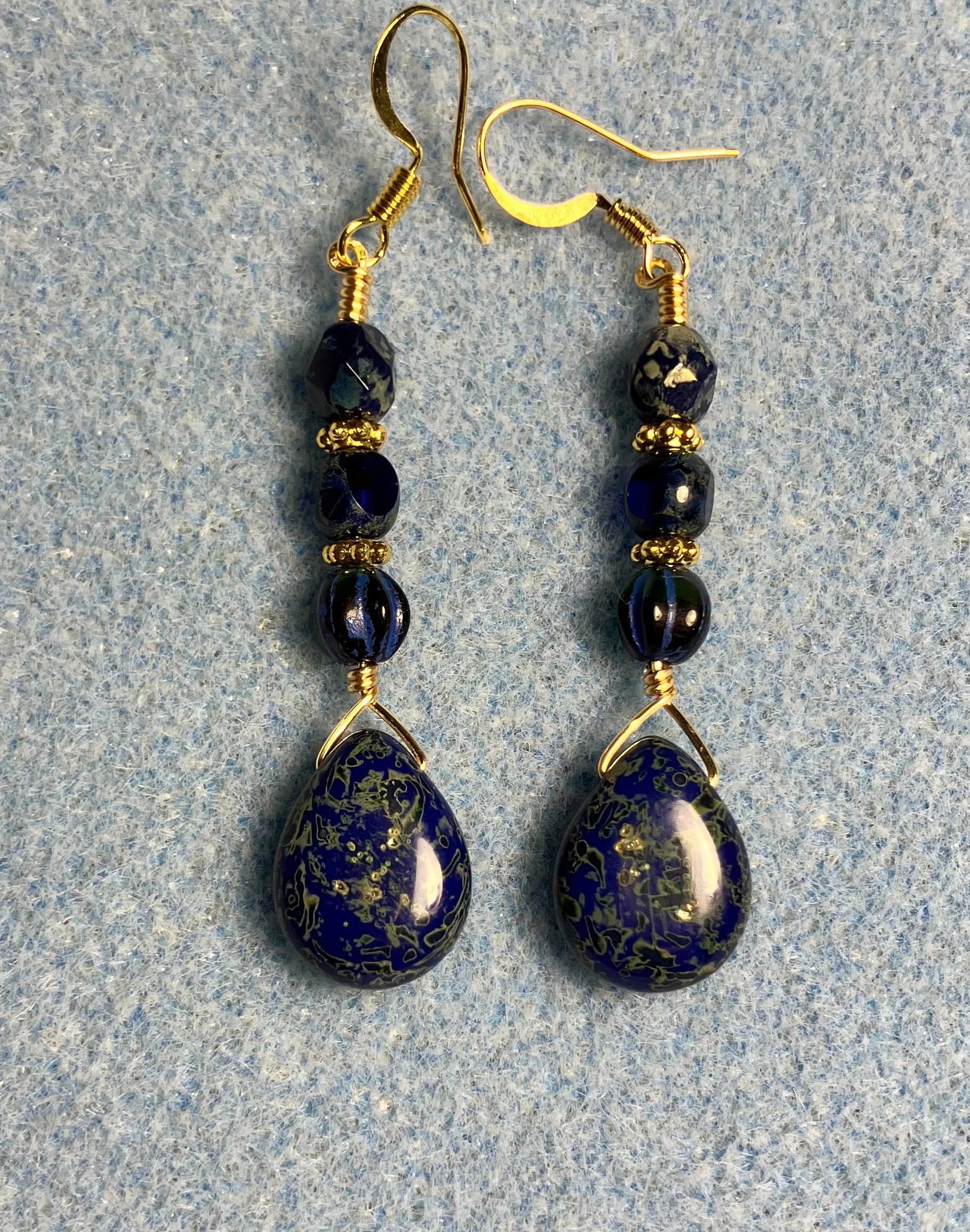 Carved Lapis Lazuli Czech Glass top Leverback Earrings