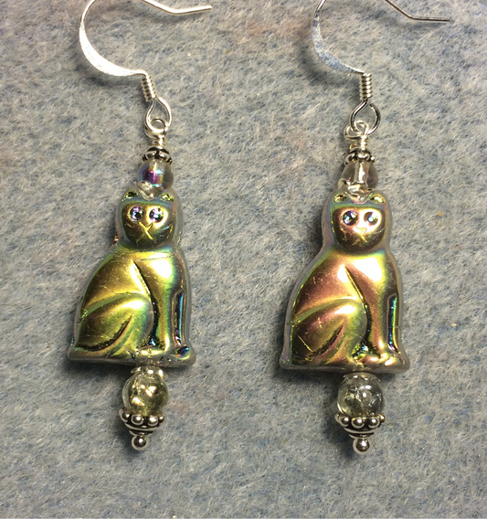 Metallic silver gold Czech glass cat bead earrings adorned with clear Czech glass beads.