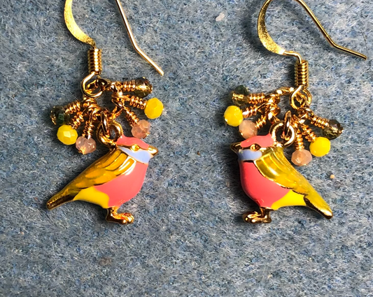 Peach, yellow, and green enamel finch charm earrings adorned with tiny dangling peach, yellow, and green Chinese crystal beads.