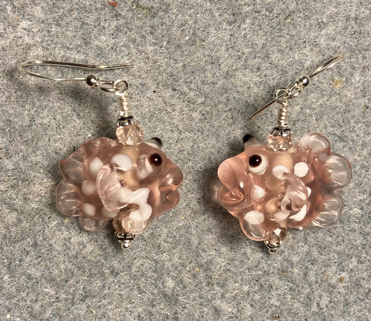Pink spotted lamp work fish bead earrings adorned with pink Chinese crystal beads.