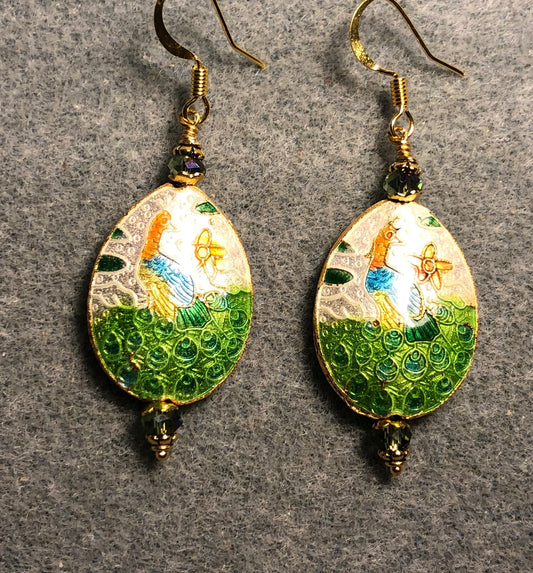 Green, white, and aqua cloisonné peacock bead earrings adorned with sparkly green Chinese crystal beads.