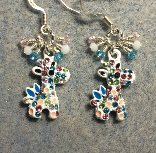 White and colorful rhinestone giraffe charm earrings adorned with tiny dangling pink, white, and turquoise Chinese crystal beads.