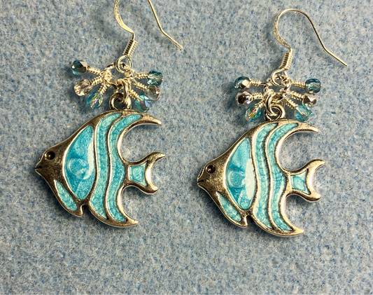 Turquoise and silver enamel striped angelfish charm earrings adorned with tiny dangling turquoise and silver Czech glass beads.