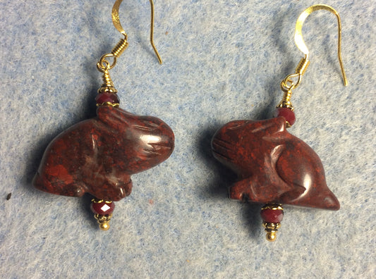 Large red brecciated jasper gemstone rabbit bead earrings adorned with dark red Chinese crystal beads.
