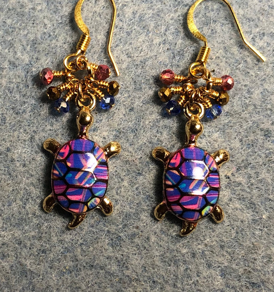 Blue and hot pink enamel turtle charm earrings adorned with tiny dangling blue, gold, and hot pink Chinese crystal beads.