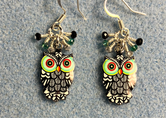 Black, aqua, and silver enamel owl charm earrings adorned with tiny dangling black, aqua, and silver Chinese crystal beads.