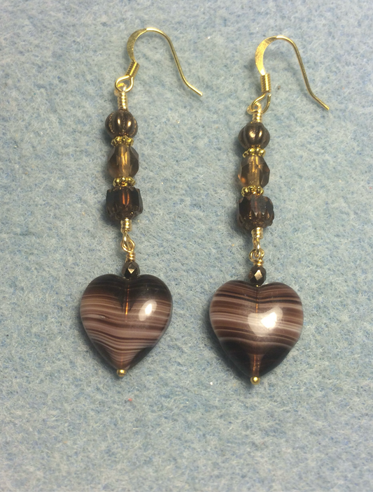 Brown striped Czech glass heart bead earrings adorned with brown Czech glass beads.