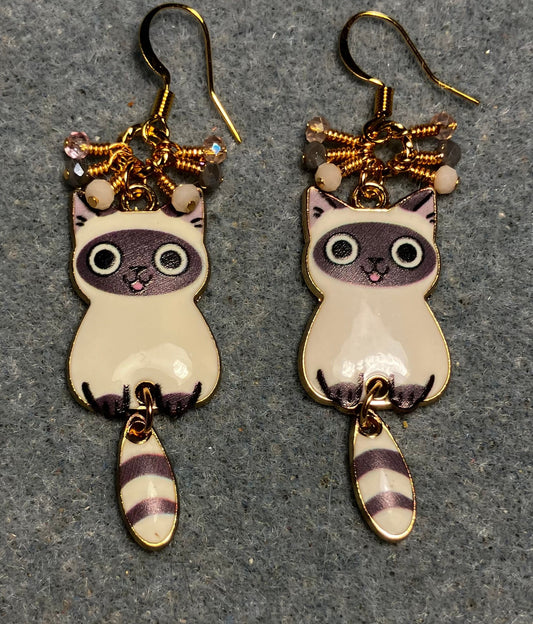 Gray and white enamel tabby cat charm earrings adorned with tiny dangling gray, pink, and white Chinese crystal beads.