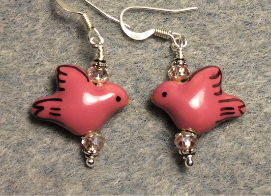 Hot pink ceramic dove bead earrings adorned with pink Chinese crystal beads.