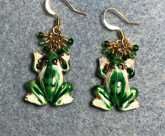 Vintage emerald green cloisonné frog bead earrings adorned with emerald green Chinese crystal beads.