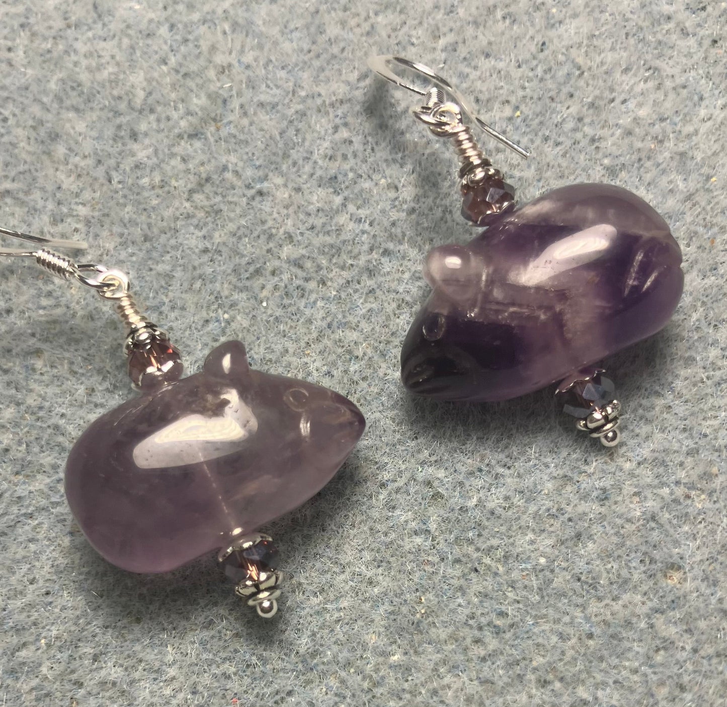 Purple amethyst gemstone mouse bead earrings adorned with purple Chinese crystal beads.