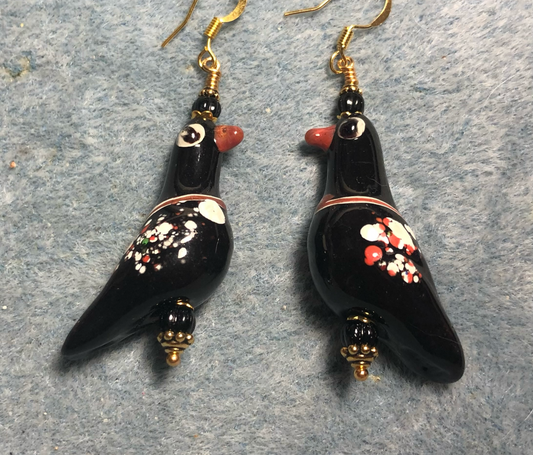 Large vintage black lamp work bird bead earrings adorned with black Czech glass beads.