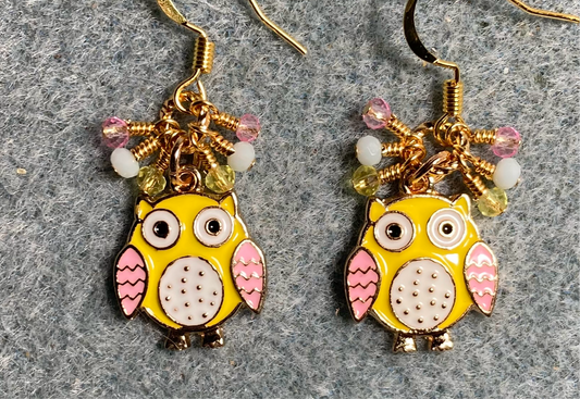 Small yellow, pink, and white enamel owl charm earrings adorned with tiny dangling yellow, pink, and white Chinese crystal beads.