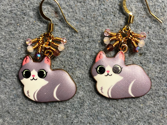 Violet, white, and pink enamel cat charm earrings adorned with tiny dangling violet, white, and pink Chinese crystal beads.