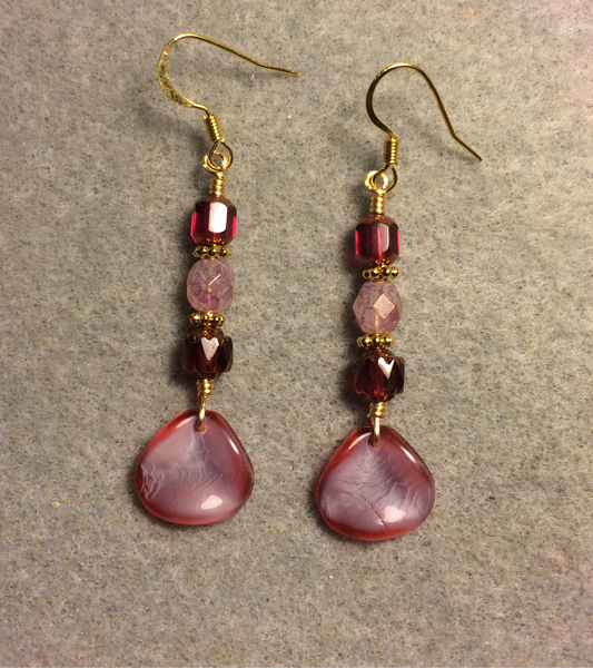 Shimmery pink Czech glass rose petal earrings adorned with pink Czech glass beads.