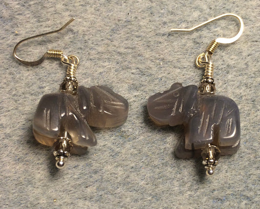 Gray onyx agate gemstone elephant bead earrings adorned with gray Chinese crystal beads.