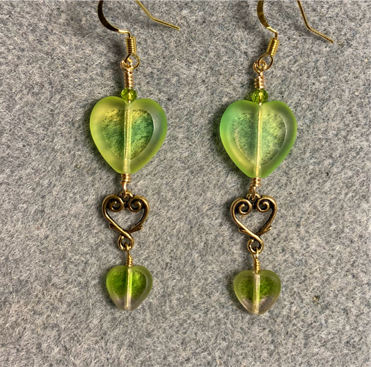 Large and small matching olive green Czech glass heart bead earrings joined by gold Tierracast heart connectors.
