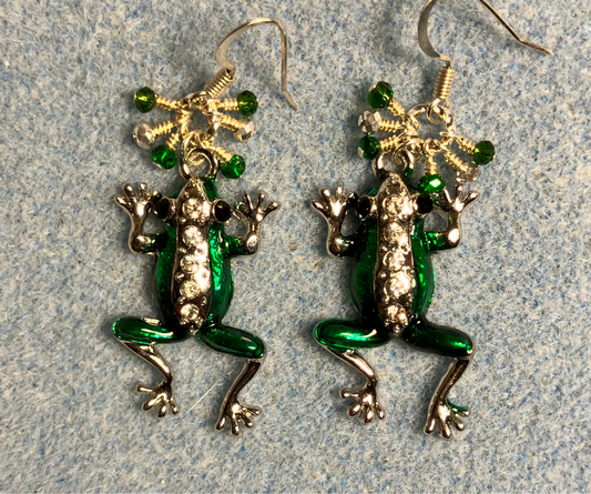 Silver and green enamel and rhinestone frog charm earrings adorned with tiny dangling green and silver Chinese crystal beads.