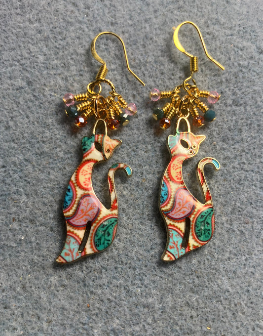 Pink, teal, and orange enamel paisley patterned cat charm earrings adorned with tiny dangling pink, teal, and orange Chinese crystal beads.