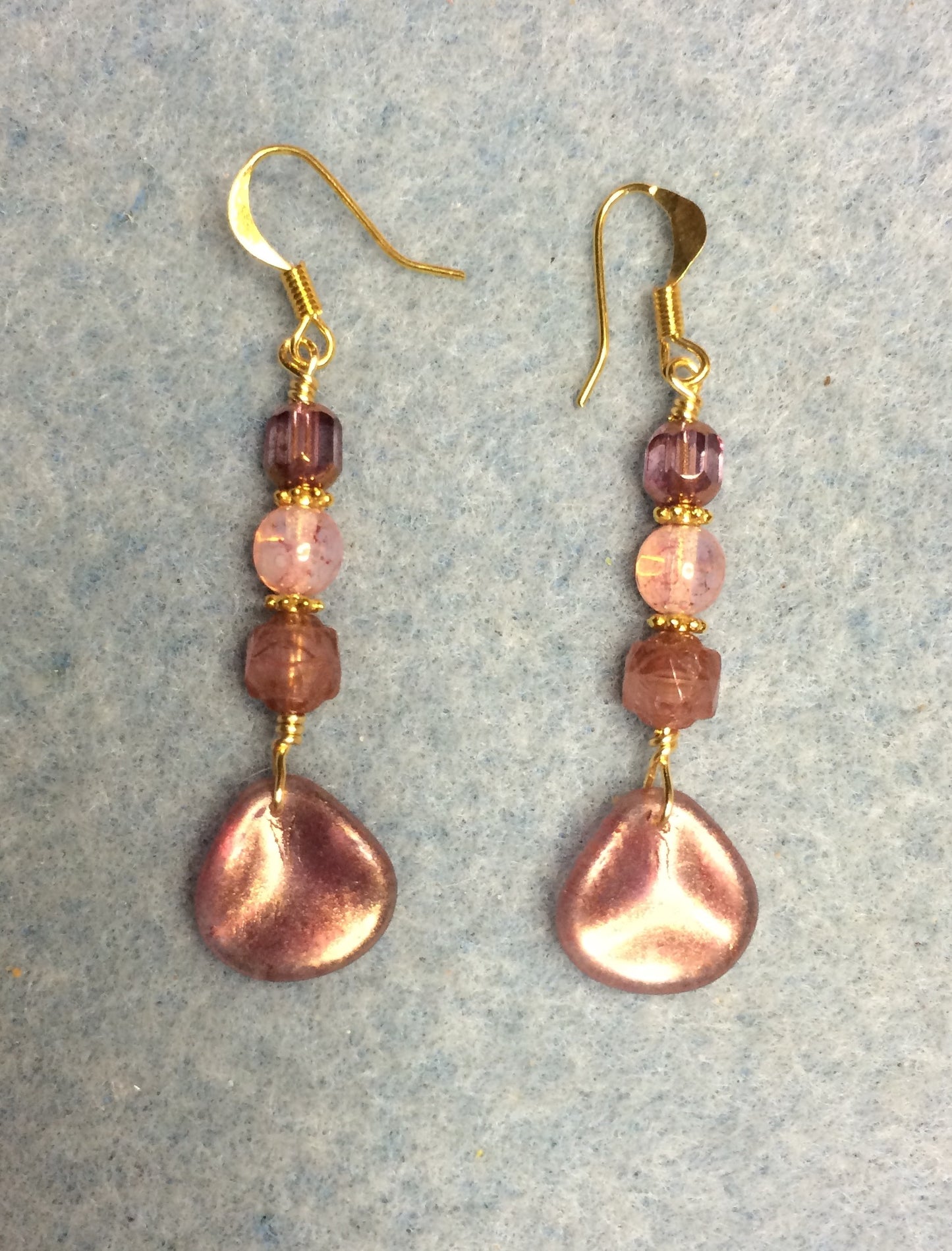 Rose pink Czech glass rose petal earrings adorned with rose pink Czech glass beads.