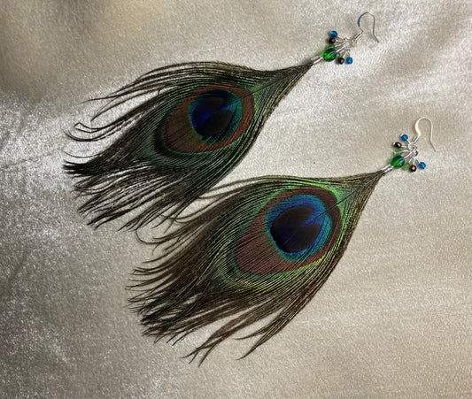 Peacock eye feather earrings adorned with small dangling green, brown, and teal Czech glass beads.