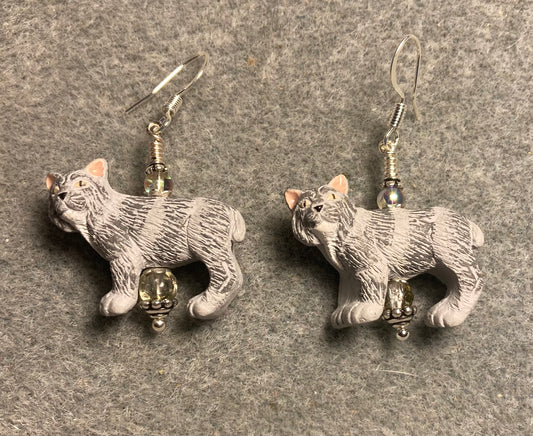 Grey and white ceramic lynx bead earrings adorned with grey Czech glass beads.