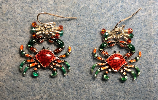 Red, orange, and turquoise enamel crab charm earrings adorned with tiny dangling red, orange, and turquoise Chinese crystal beads.