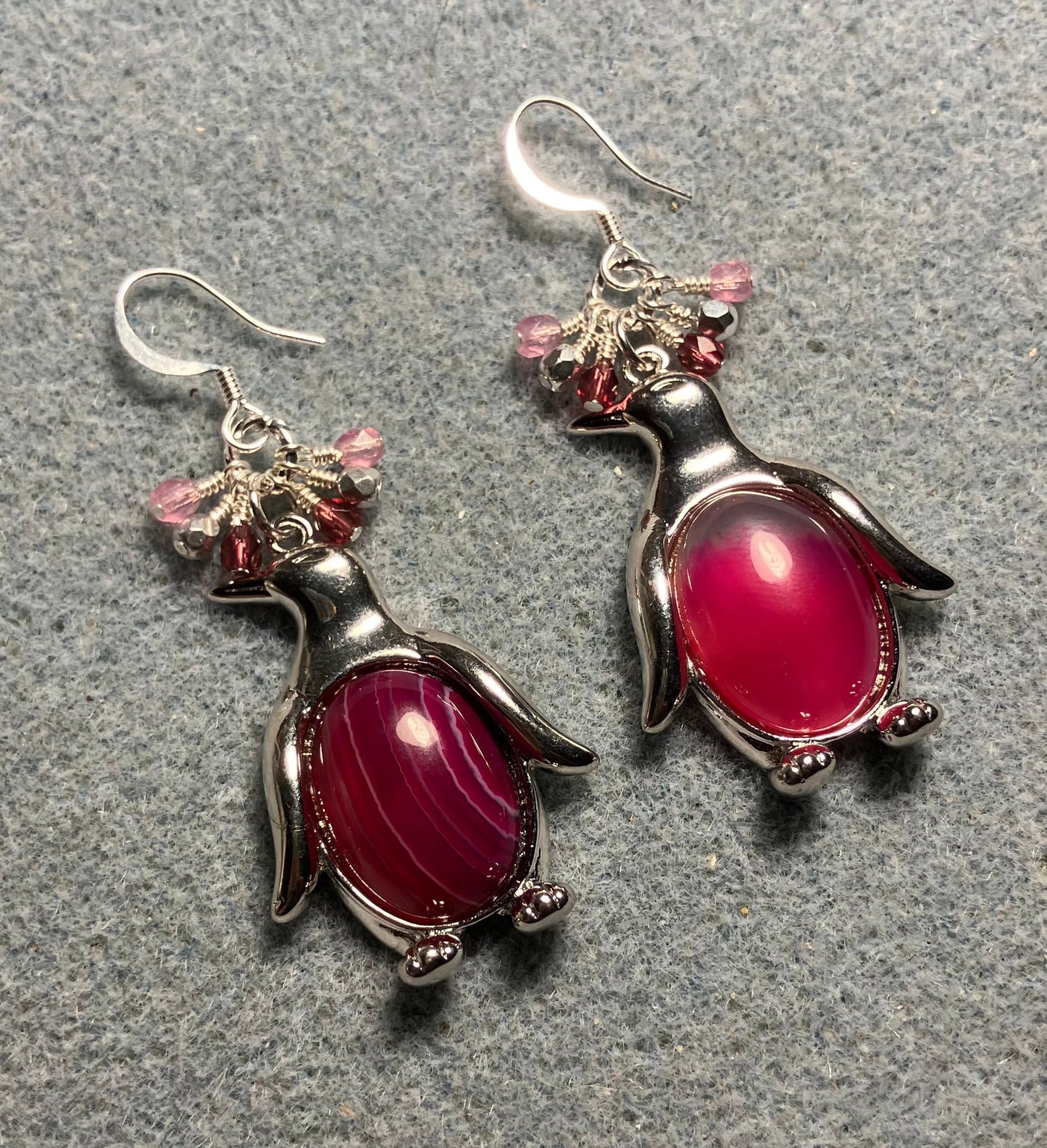 Large silver and pink agate gemstone penguin charm earrings adorned with small dangling pink and silver Czech glass beads.