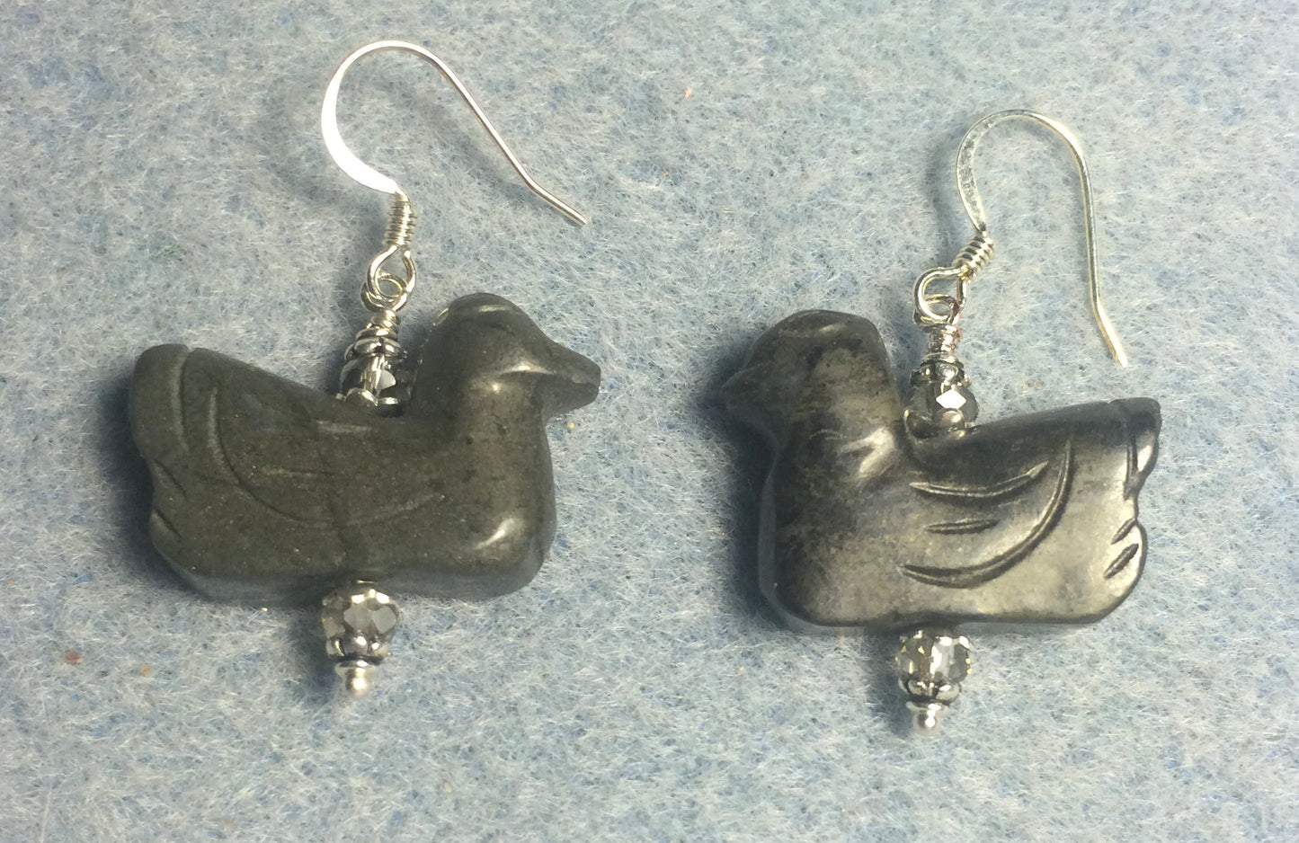 Gray marcasite gemstone duck bead earrings adorned with gray Chinese crystal beads.