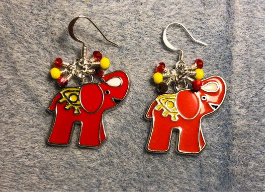 Red and yellow enamel elephant charm earrings adorned with tiny dangling red and yellow Chinese crystal beads.