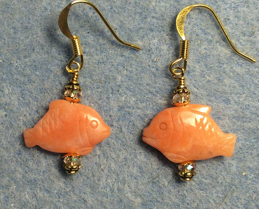 Small orange aventurine gemstone fish bead earrings adorned with peach Chinese crystal beads.