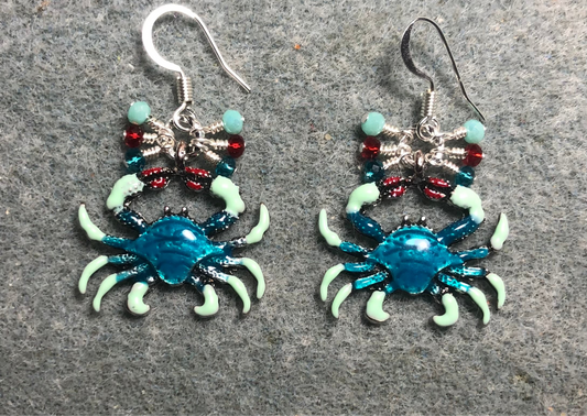 Turquoise and aqua enamel crab charm earrings adorned with tiny dangling turquoise, aqua, and red Chinese crystal beads.
