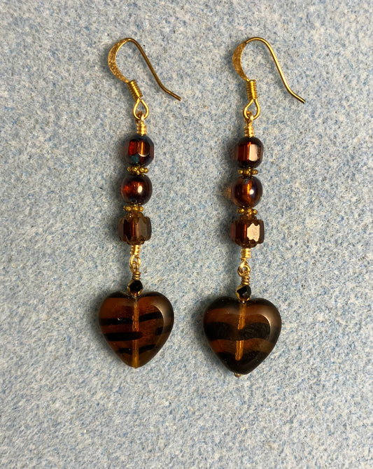 Brown tiger striped Czech glass heart bead earrings adorned with brown Czech glass beads.