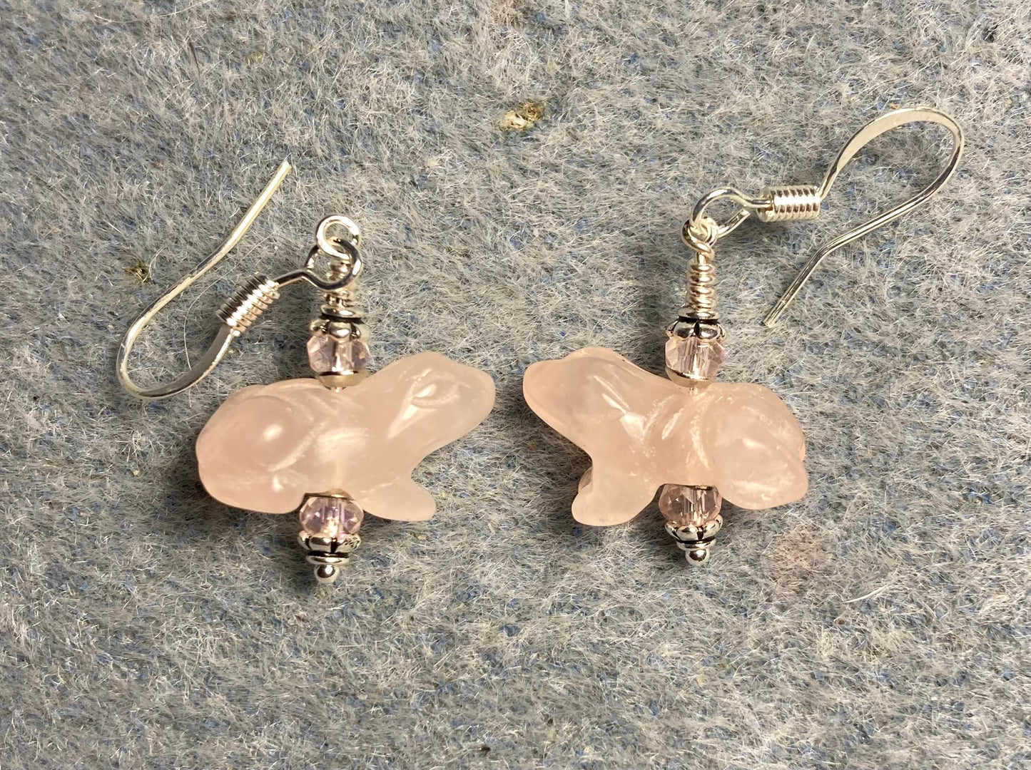 Small rose quartz gemstone frog bead earrings adorned with pink Chinese crystal beads.