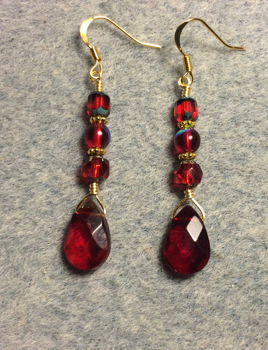 Bright red Czech glass briolette bead earrings adorned with red Czech glass beads.