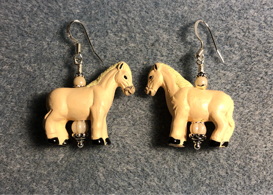 Large beige ceramic horse bead earrings adorned with beige Czech glass beads.