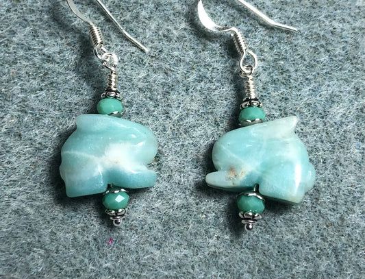 Small turquoise amazonite gemstone rabbit bead earrings adorned with turquoise Chinese crystal beads.
