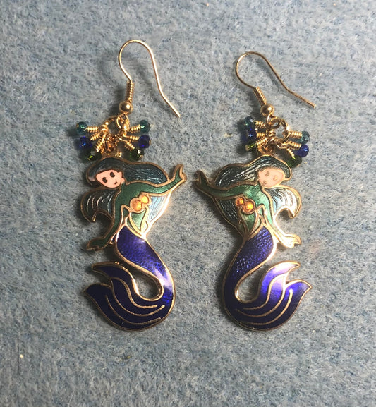 Vintage teal, blue, and green cloisonné mermaid charm earrings adorned with tiny dangling teal, blue, and green Chinese crystal beads.